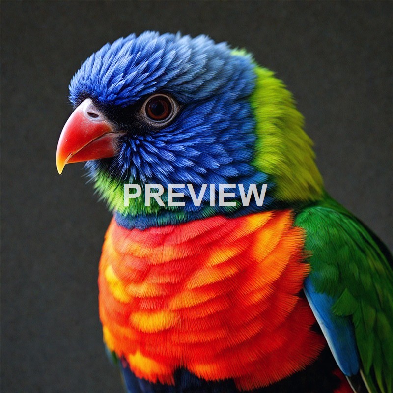 A close-up of a vibrantly colored bird with a bright orange beak, and feathers in shades of blue, green, yellow, red, and orange, set against a dark background.
